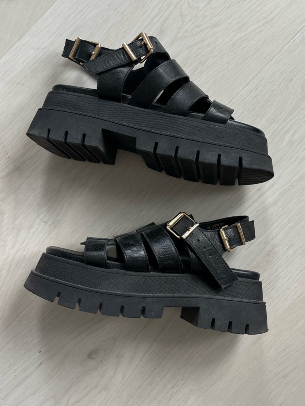 Aldo Black Platform Gladiator Sandals with Gold Buckles
